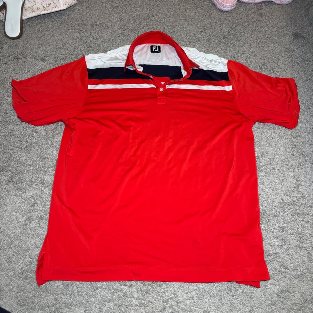 FootJoy Mens XL Red Striped Golf Polo Shirt Short Sleeve Performance Polyester